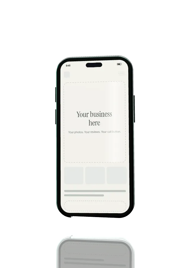 A 3D smartphone with a blank page reading 'your business here'