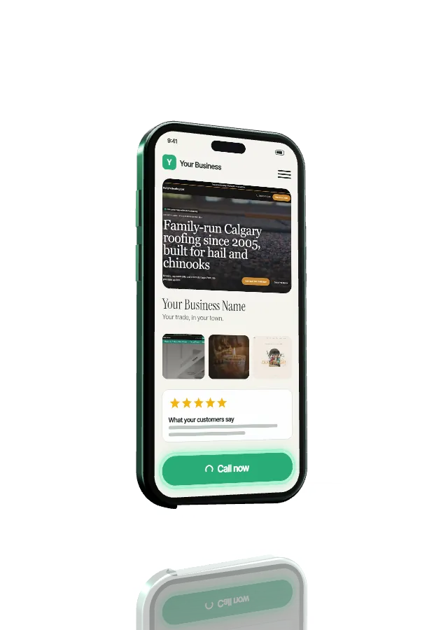 The phone screen showing a finished small business website with photos, reviews and a call button