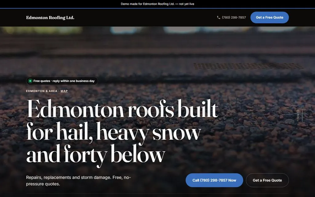 Website demo built for Edmonton Roofing, a roofing company in Edmonton, AB